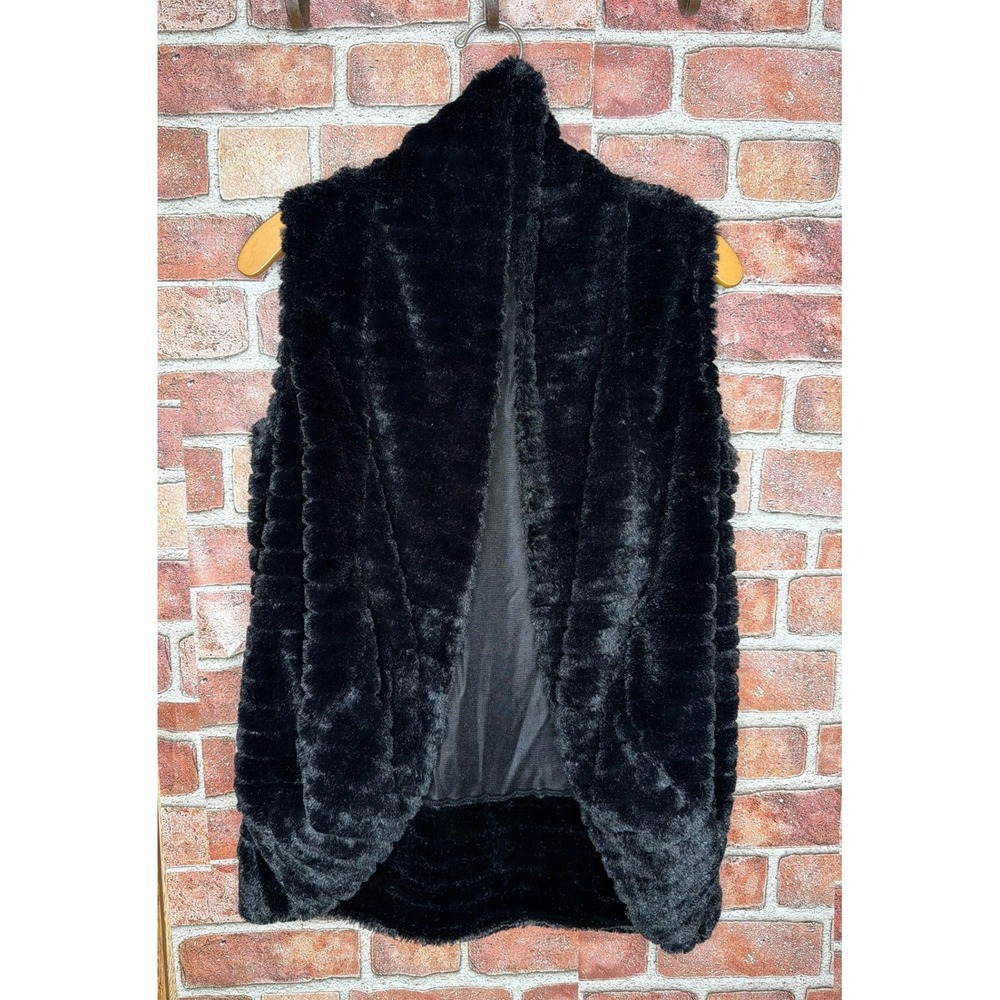 Papaya Y2K Womens Black Faux Fur Vest Open Front Sleeveless Jacket Size Large L
